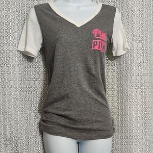 Pink Victoria's Secret Gray and White V-Neck Tee